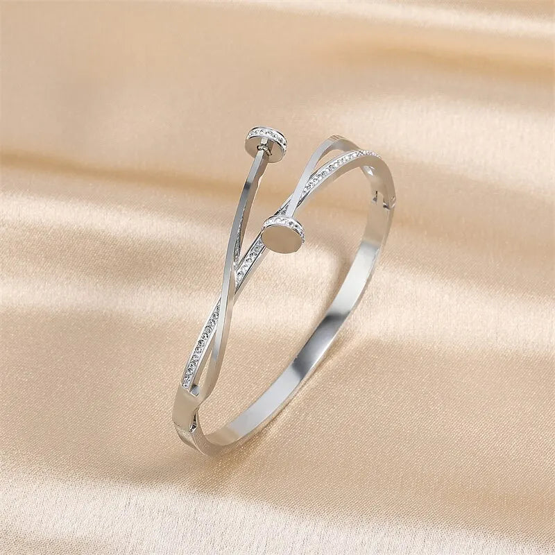 Gold Crystal Nail Head Cross Stainless Steel Women's Cuff Bracelet