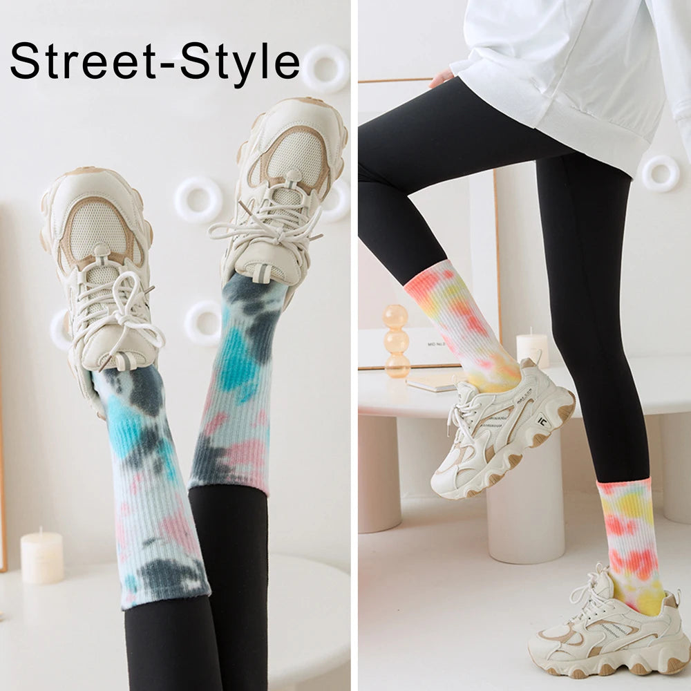 Tie Dye Yoga Socks 3 Pairs Anti Skid Cotton Blend Mid Calf