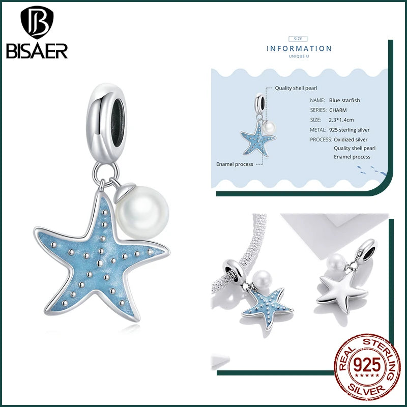 BISAER Ocean Charm 925 Sterling Silver Dolphin and Mermaid Bead with Blue CZ for DIY Jewelry ECC1807 CHINA