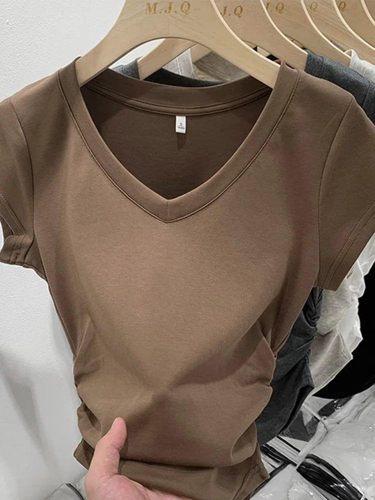 Dozw Women V Neck Elastic Korean Short Sleeve Summer Top
