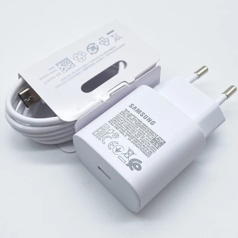 Samsung 25W Super Fast Charger USB Type C Adapter With 3A Cable Intelligent Charge For Galaxy S24 S23 S22 S21 S20 A54 A34 Z Flip 4 5 6 Z Fold Compatible