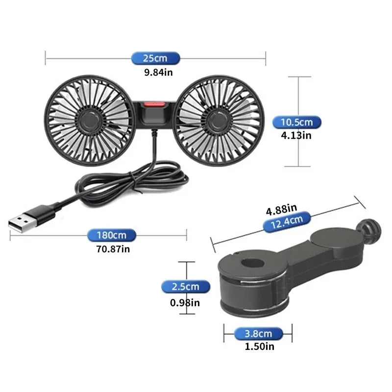 Car Seat Back Cooling Fan USB Charge Dual Head Fan 360 Rotation