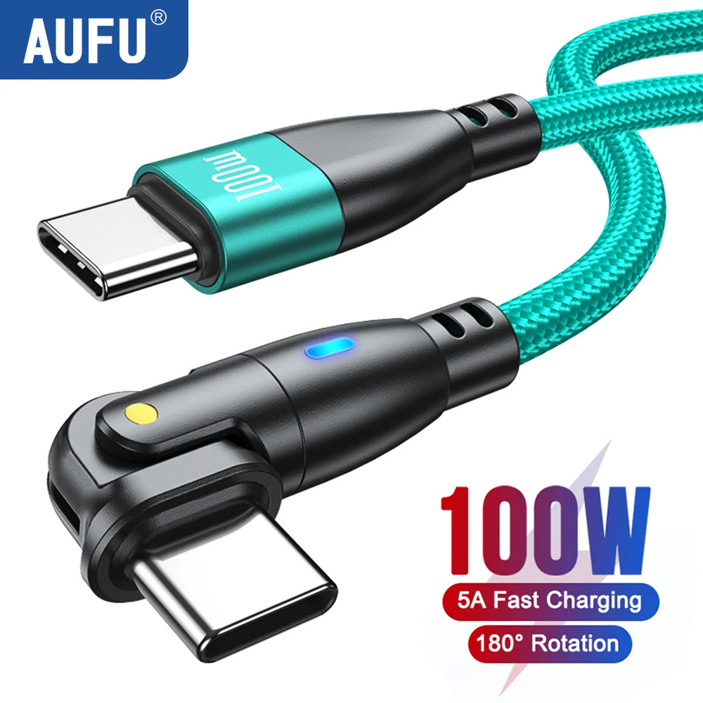 AUFU 100W USB C Fast Charging Cable 3M 5A PD Power Cord with 180 Degree Rotate for MacBook iPad Samsung Xiaomi