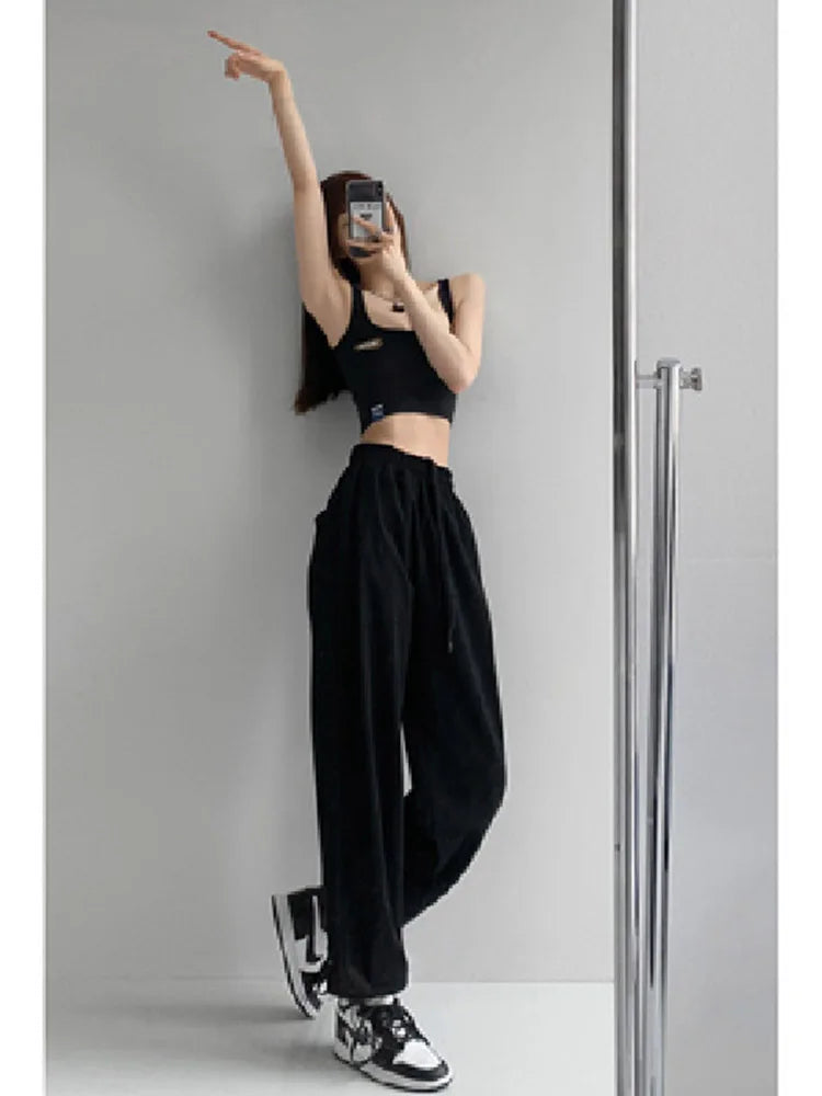 Korean White Blue High Waist Loose Drawstring Harem Pants