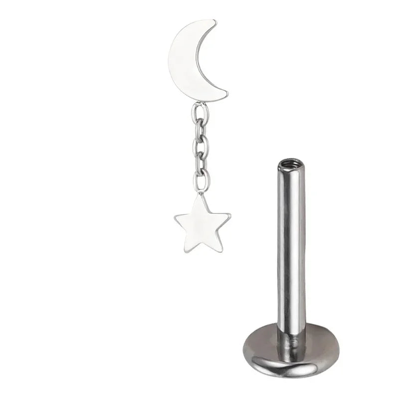 ASTM F136 Titanium Ear Piercing Pendant Chain Dangle Ear Studs with CZ Top Labret Lip Stud and Cartilage Earring Body Jewelry