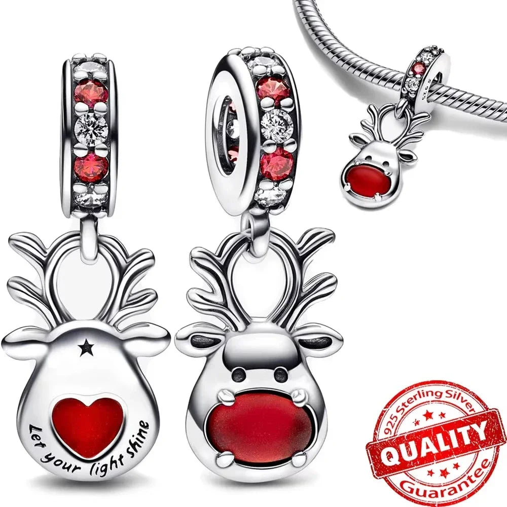 Original 925 Sterling Silver Christmas Charms Santa Claus Reindeer Earrings Beads for Necklace and Bracelet DIY Fine Jewelry Gifts