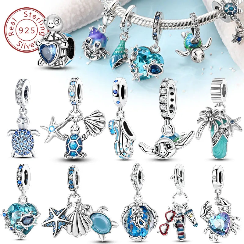 925 Sterling Silver Ocean Turtle Beach Charms Blue Shell