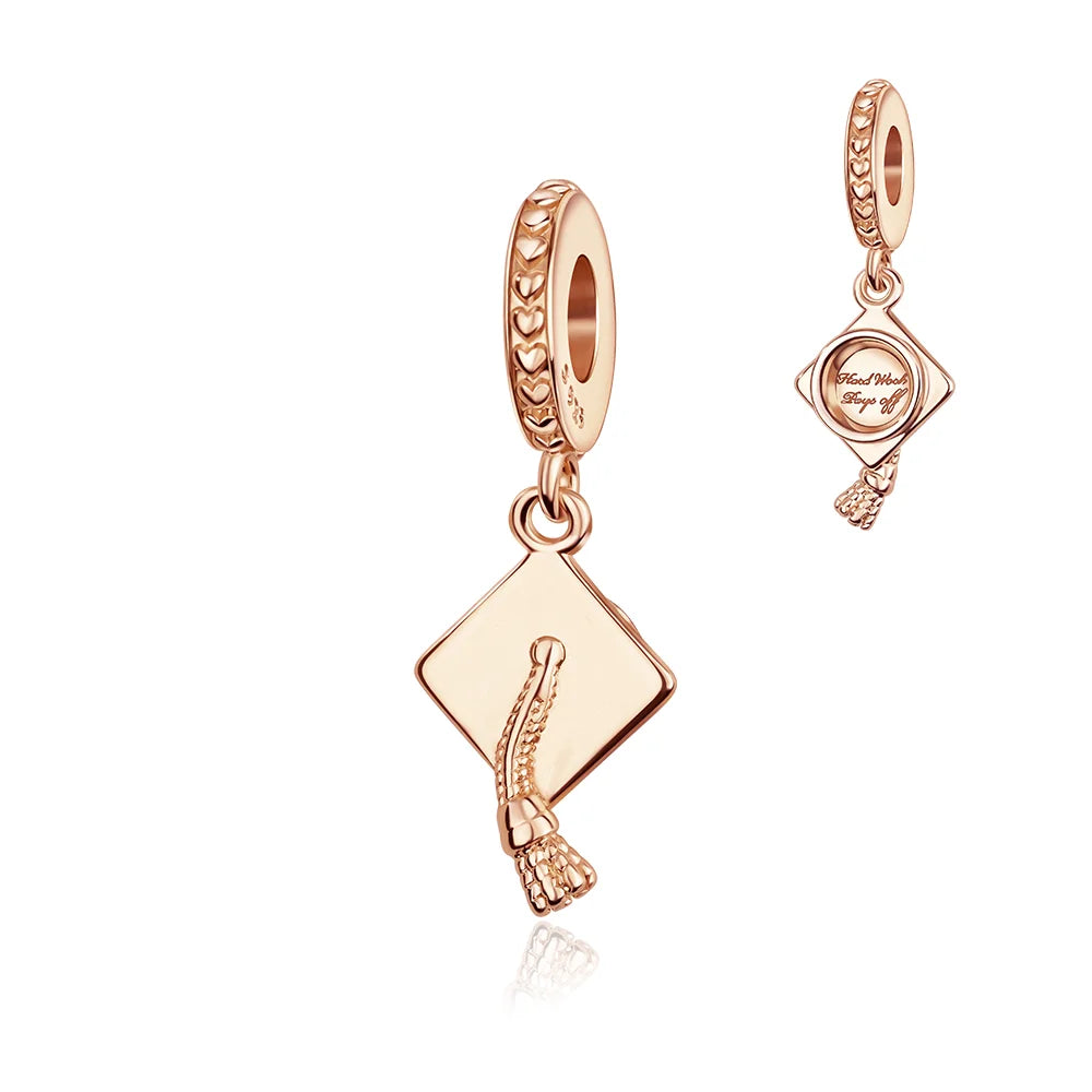 925 Sterling Silver Graduation Mortarboard Charm with Zircon Beads for DIY Bracelet Fine Jewelry Gift