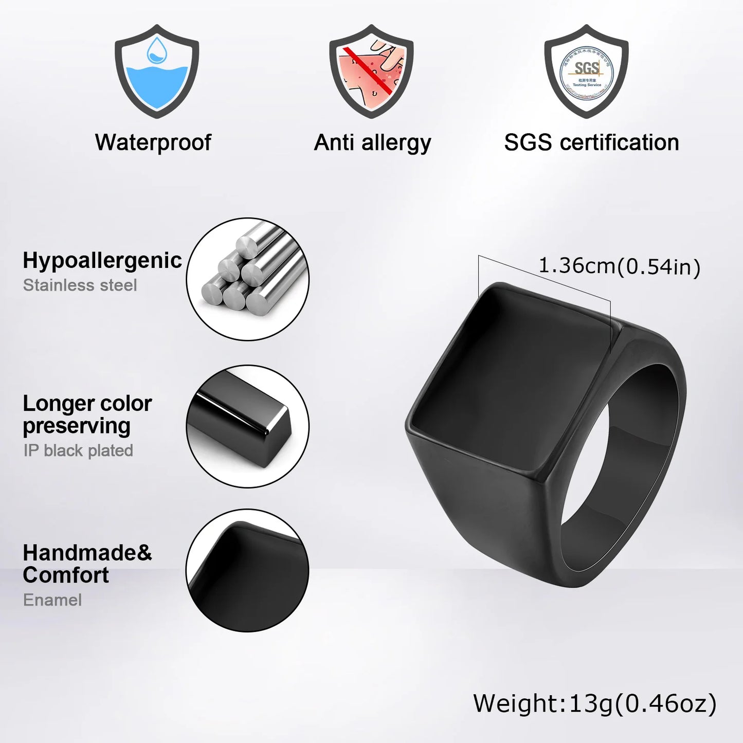Vnox Black Stainless Steel Signet Ring for Men with Enamel Geometric Top