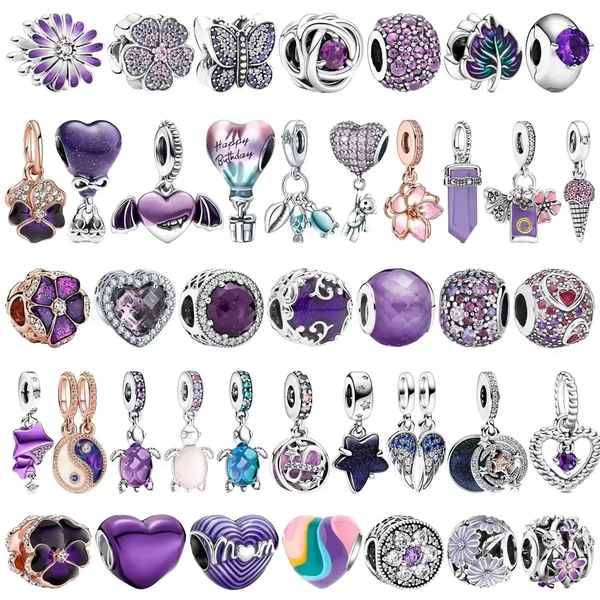 925 Sterling Silver Purple Star Animal Heart Flower Charms Beads for DIY Necklace and Bracelet Jewelry Gift