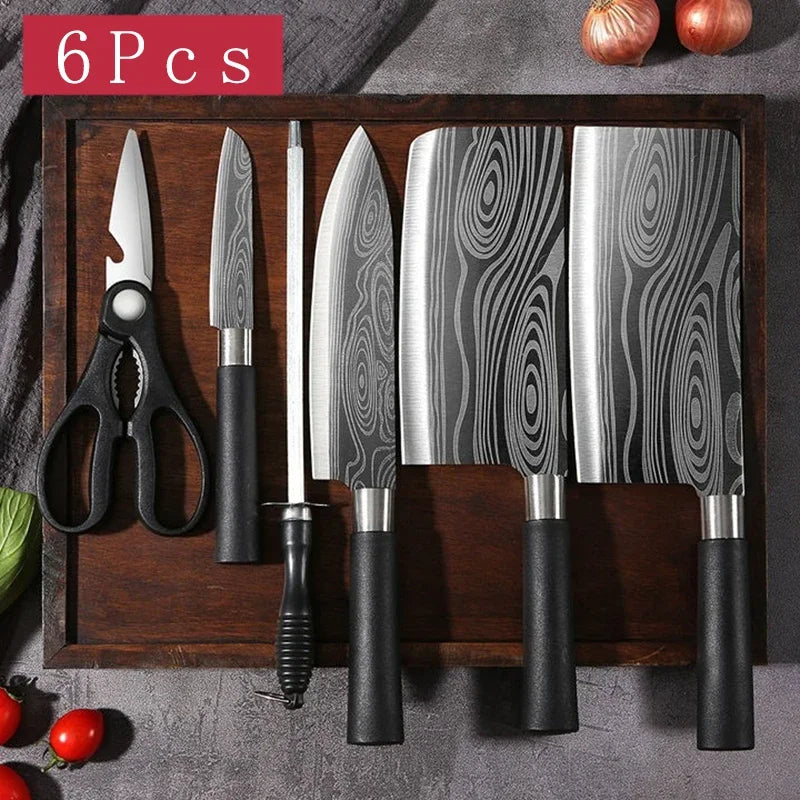 Laser Damascus Pattern Stainless Steel Kitchen Knife Set With Scissors And Sharpening Rod For Precision Cutting And Chef Use