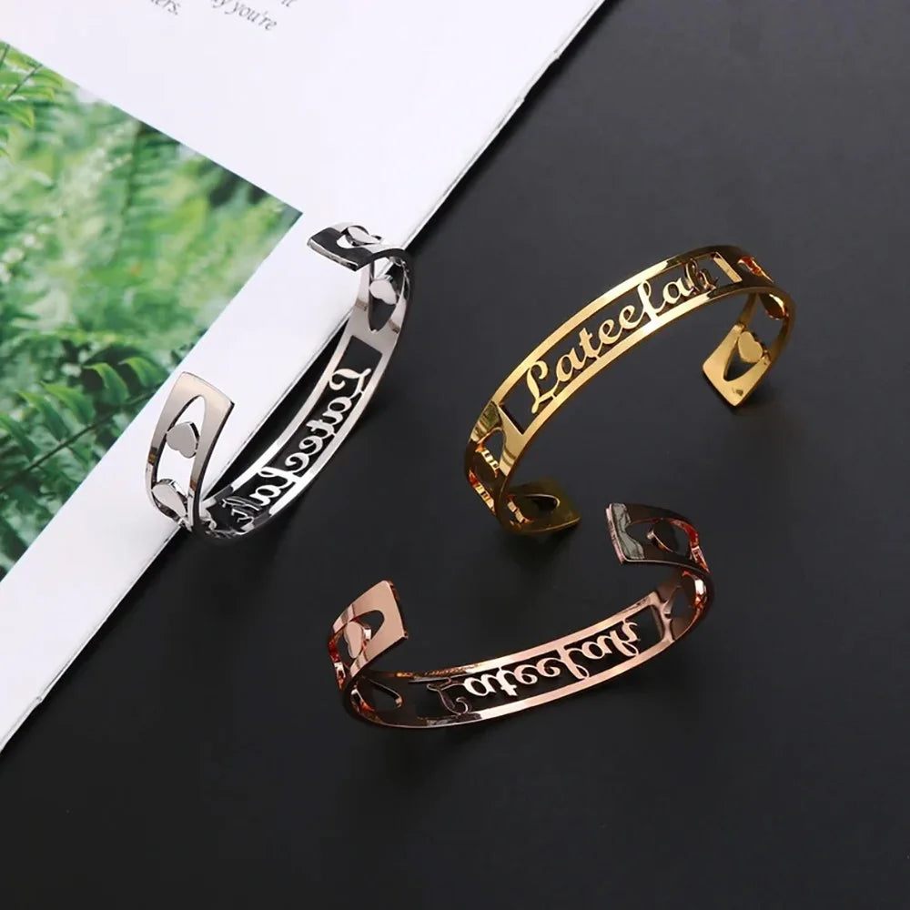 Custom Name Bracelet Hollow Heart Gold Bangle Fashion Jewelry Valentine's Day Gift