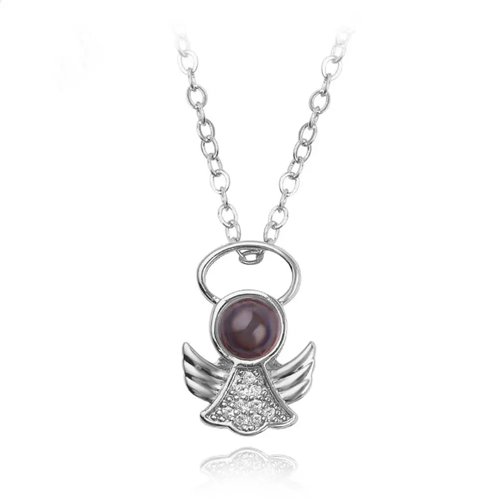 Angel Necklace with 100 Language I Love You Projection Pendant Romantic Gift for Girlfriend Mom 2024 Silvery 45cm
