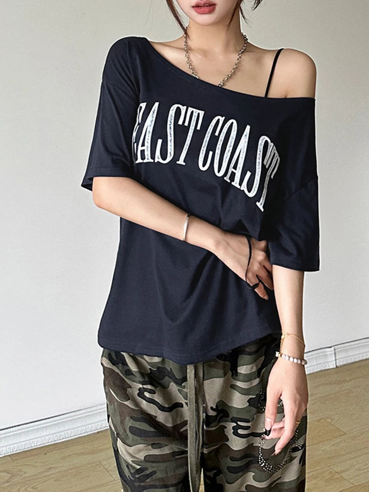 Off Shoulder Letter Print Tee Women Casual Summer Top