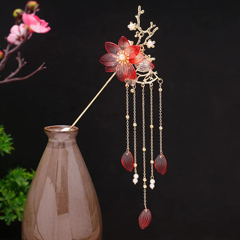 Elegant Gold Red Floral Pearl Long Tassel Hairpins Bridal Chinese Wedding Headpiece