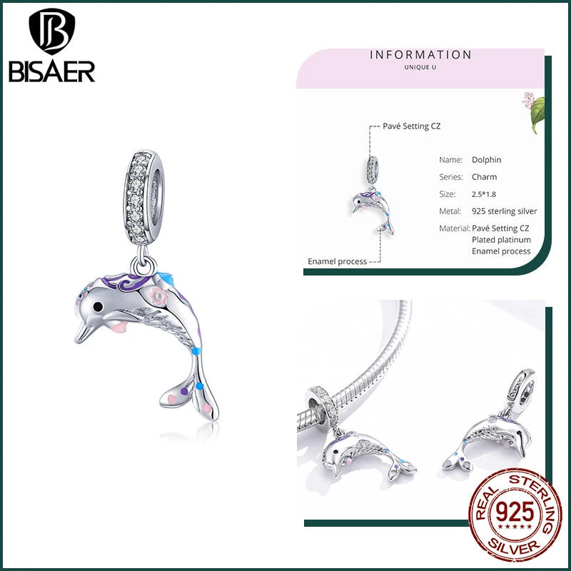 BISAER Ocean Charm 925 Sterling Silver Dolphin and Mermaid Bead with Blue CZ for DIY Jewelry EFC159 CHINA
