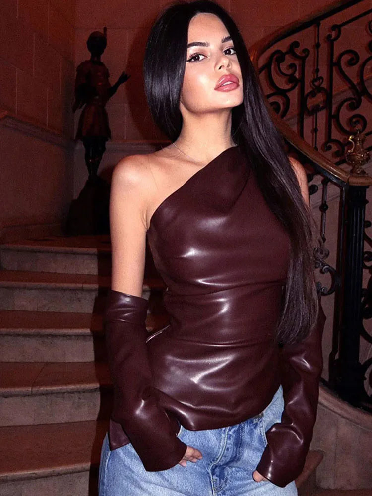 Sexy Leather Vest Top With Sleeves Irregular Hem Women