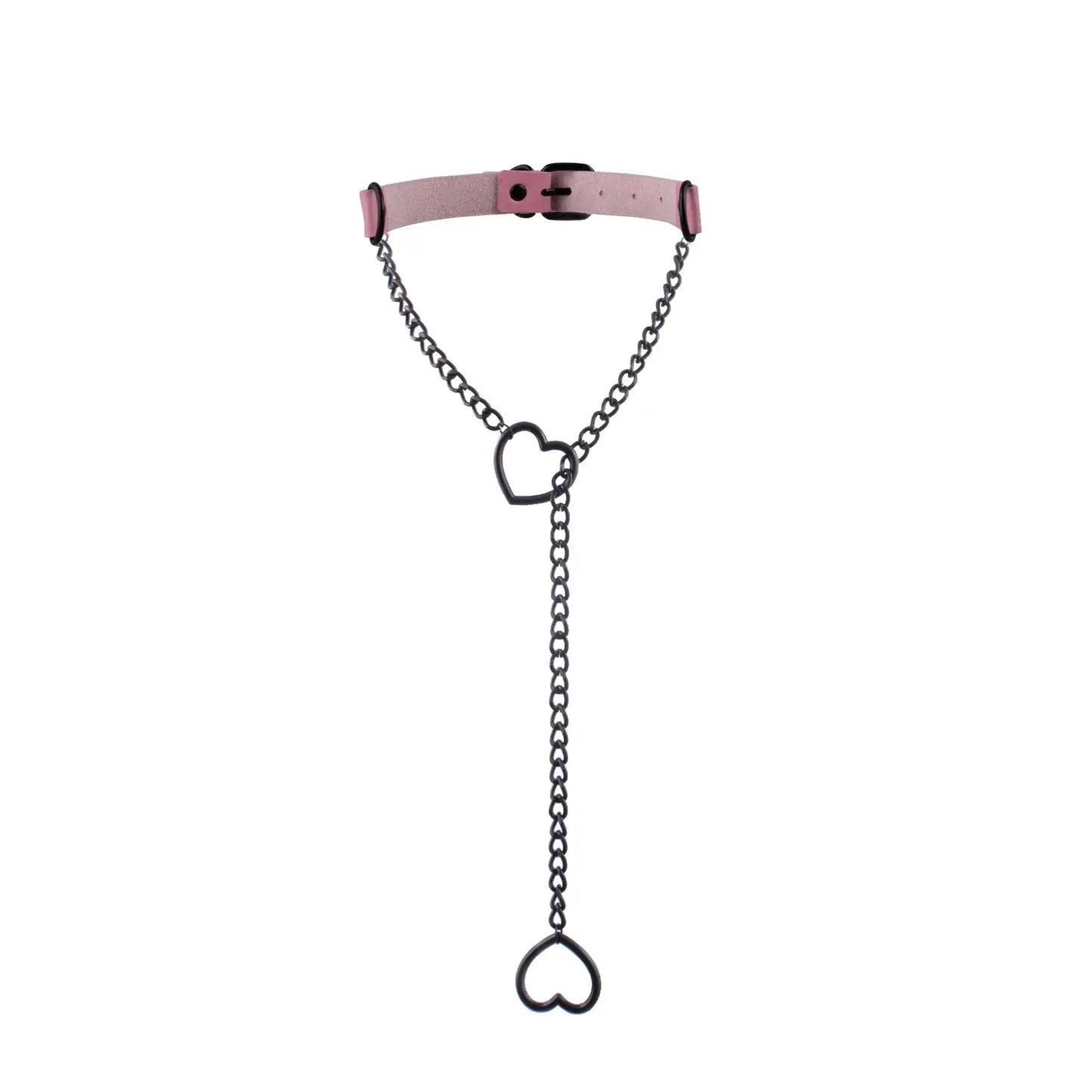 Heart Slip Chain Y Necklace Black Leather Choker for Women pink color