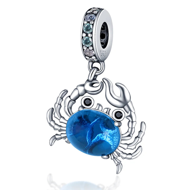 Blue Crab Charm 925 Sterling Silver Bead for 3mm Bracelets and Necklaces DIY Jewelry Gift