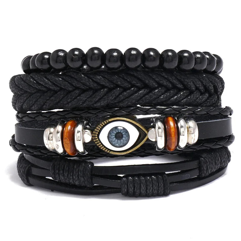 ZORCVENS Men's Handmade Braided Leather Bracelet Set - Vintage Black Punk Fashion Gift