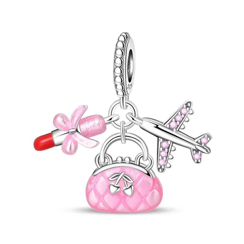 Sterling Silver Pink Blossom Dangle Charm with Butterfly Heart Flower Rose and Bird Bead for DIY Necklace and Bracelet Jewelry
