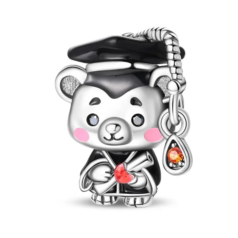 925 Sterling Silver Graduation Mortarboard Charm with Zircon Beads for DIY Bracelet Fine Jewelry Gift
