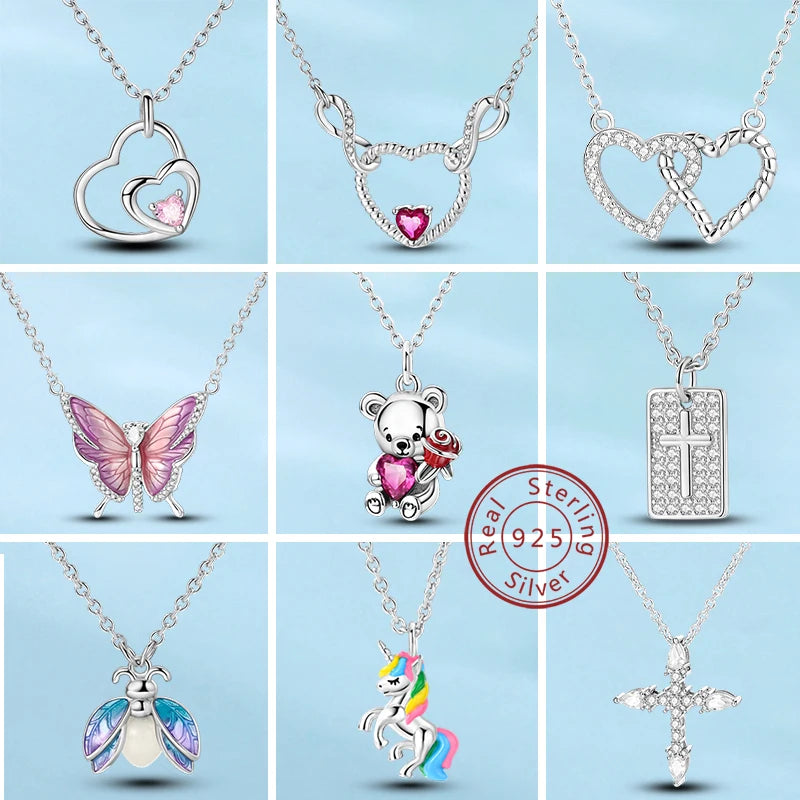 Elegant 925 Sterling Silver Zircon Butterfly Heart Pendant Necklace for Women Anniversary Gift