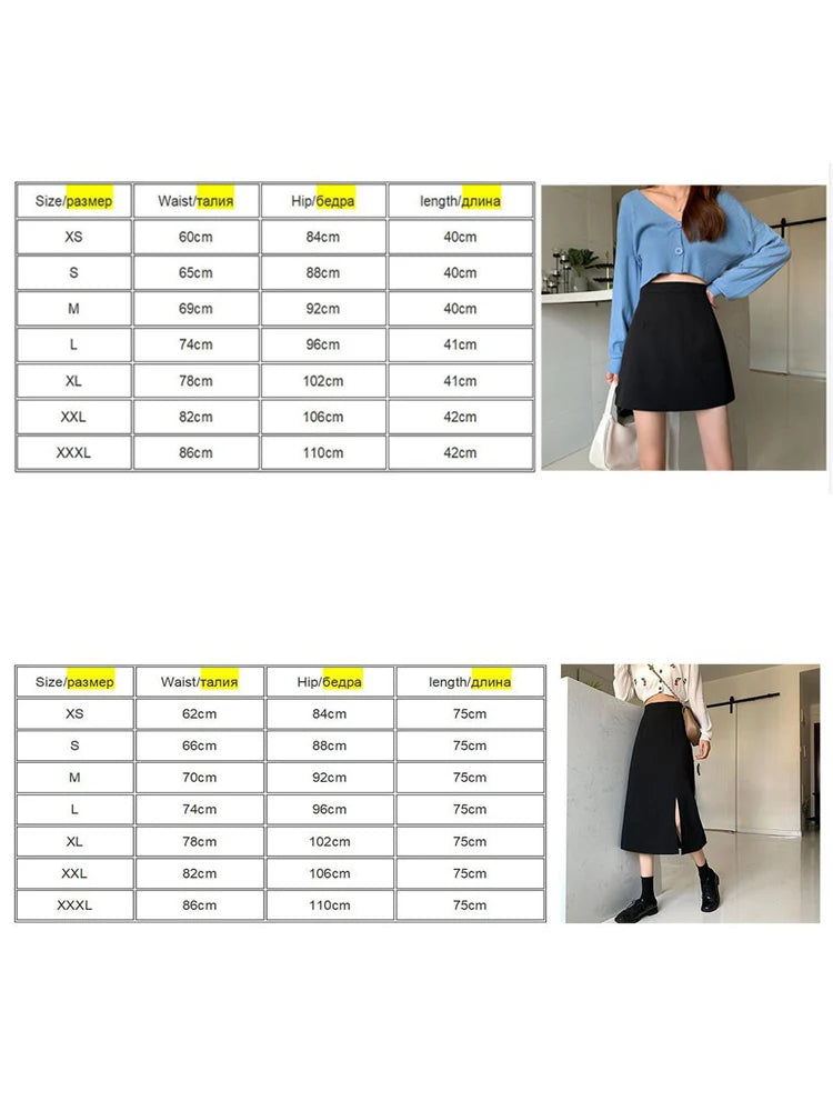 Black Mid Calf A Line High Waist Korean Skirt Women