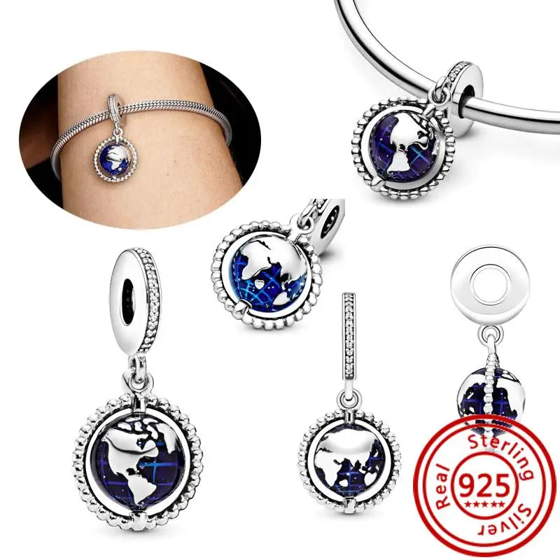 Sterling Silver Blue Zircon Feather Crown Moon Pendant Charm Bracelet Beads N036 3mm-4mm