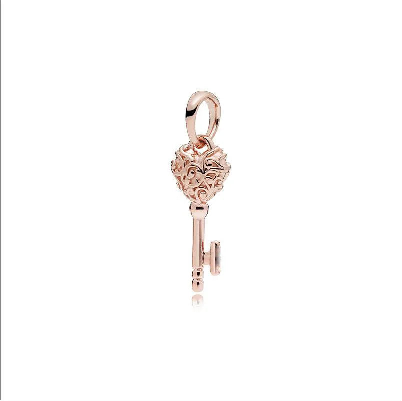 Rose Gold Padlock Heart Key Pendant Necklace for Women 925 Silver with Zircon Beads P030-R