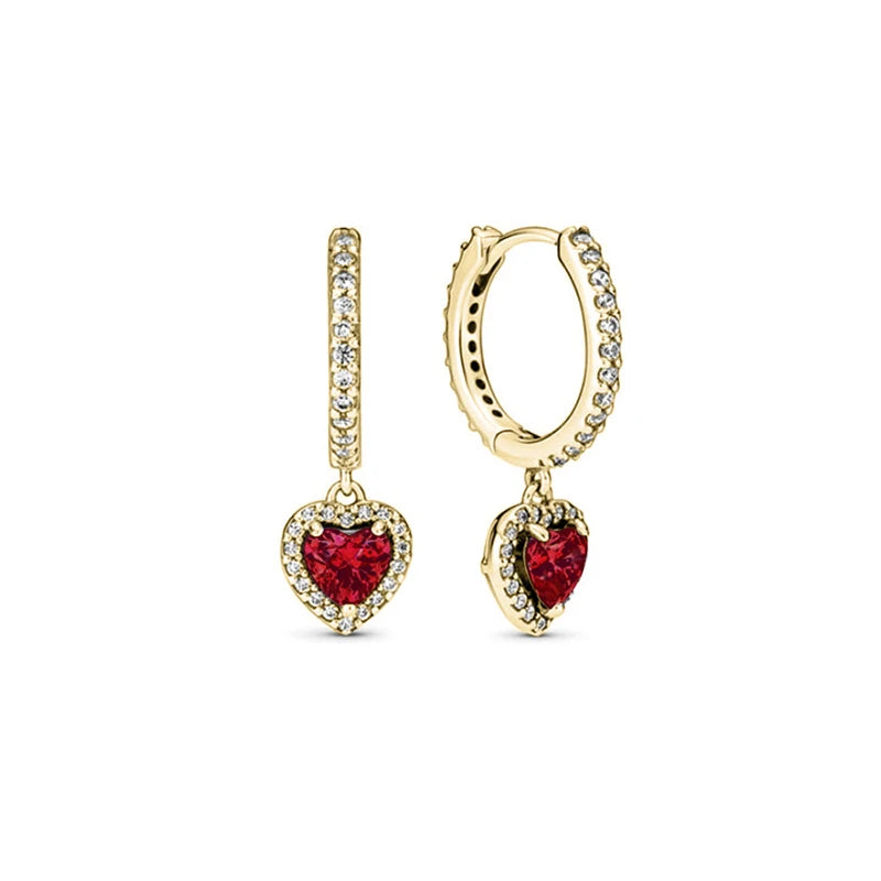 European 925 Silver Heart Shaped Earrings with Pink Red Green Zircon for Women Exquisite Holiday Jewelry Gifts