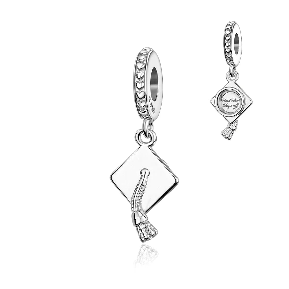 925 Sterling Silver Graduation Mortarboard Charm with Zircon Beads for DIY Bracelet Fine Jewelry Gift
