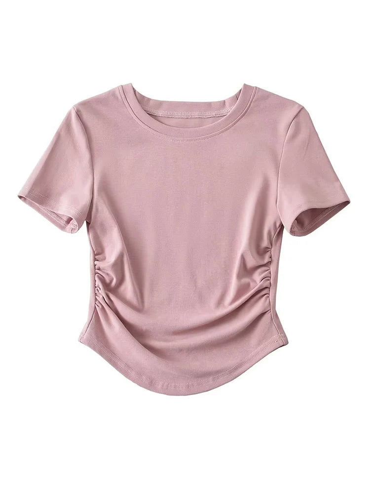 Harajuku 2024 Womens Crew Neck Ruched Side Cotton Tee
