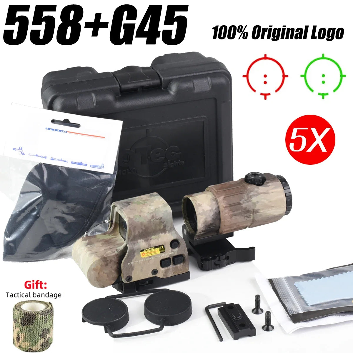E*T*CH 558 Holographic Red Green Dot Sight Collimator Tactical 3X 5X Magnifier Combo for Hunting and Airsoft Riflescope 558 G45--H--AT
