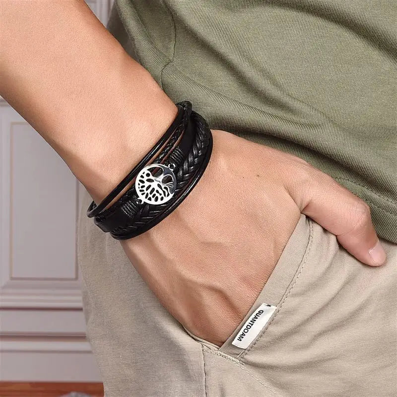 Men's Leather Bracelet with Stainless Steel Tree of Life Charm - Stylish Multi-Layer Fashion Accessory