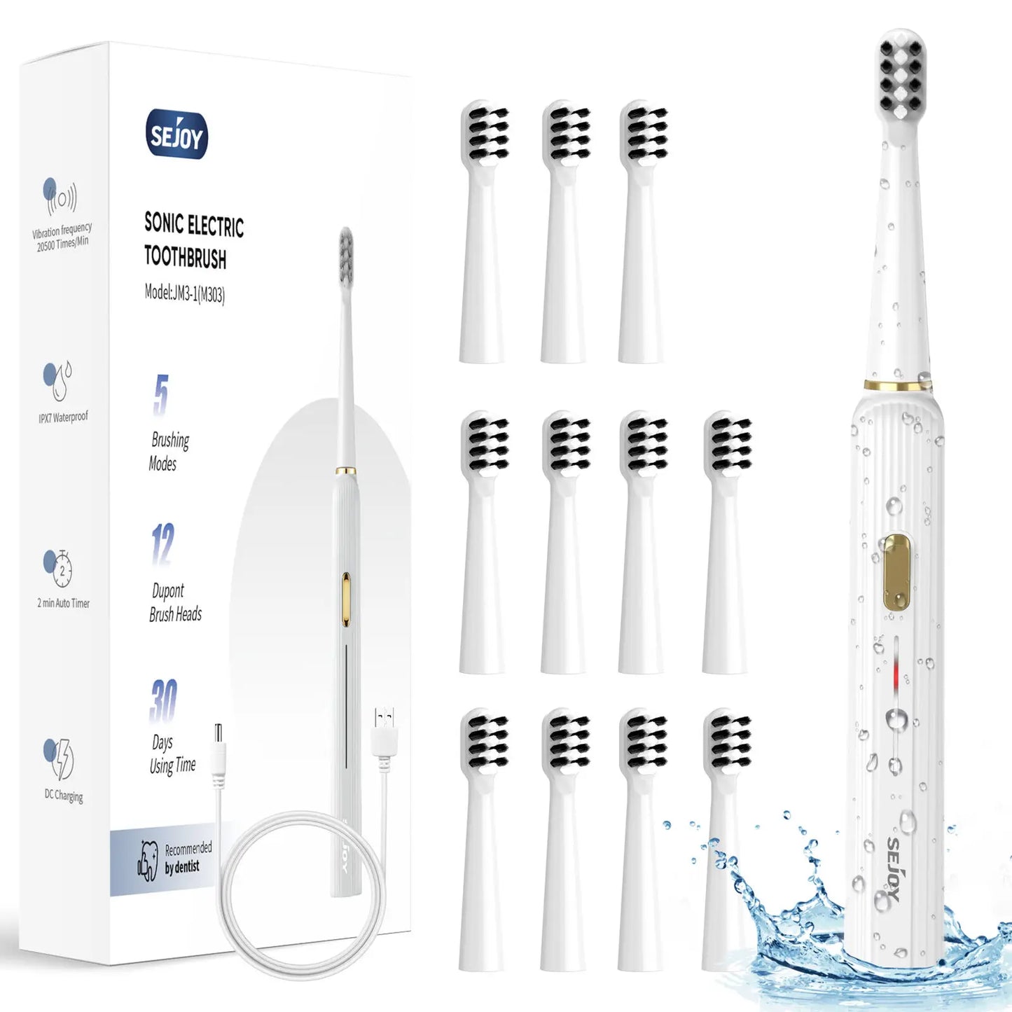 SEJOY Oral Cleaning Sonic Electric Toothbrush IPX7 3 Modes JM White