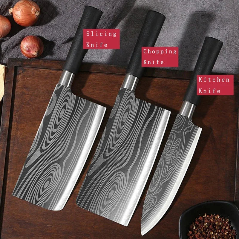 Laser Damascus Pattern Stainless Steel Kitchen Knife Set With Scissors And Sharpening Rod For Precision Cutting And Chef Use