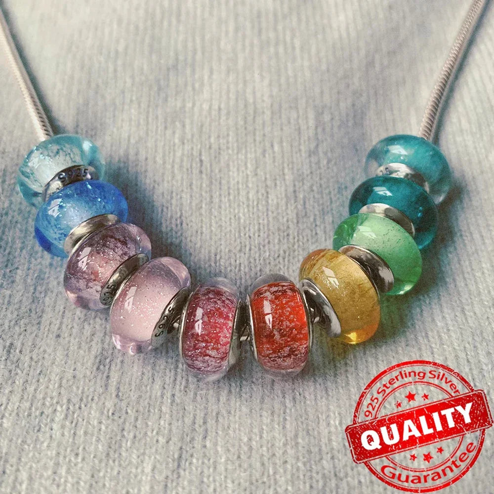 925 Sterling Silver Murano Glass Rainbow Snowflakes Stars Charm for Women Bracelet DIY Jewelry