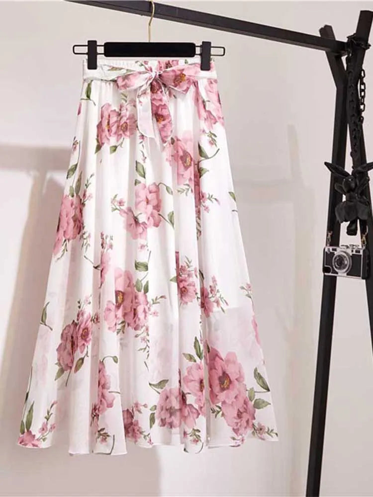 Chiffon Midi Skirt Women High Waist Korean Style White
