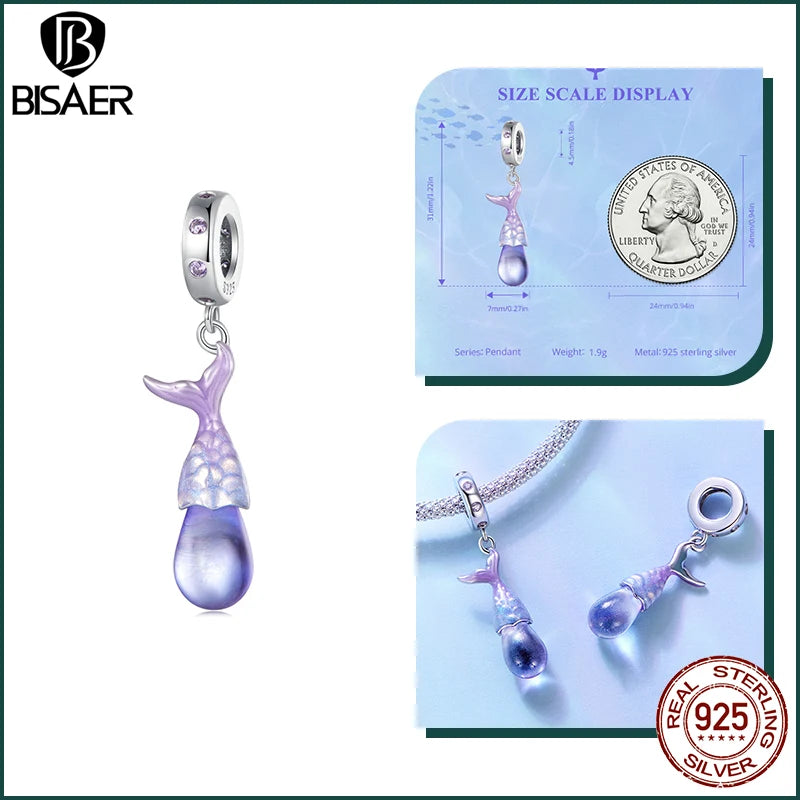 BISAER Ocean Charm 925 Sterling Silver Dolphin and Mermaid Bead with Blue CZ for DIY Jewelry EFC874 CHINA