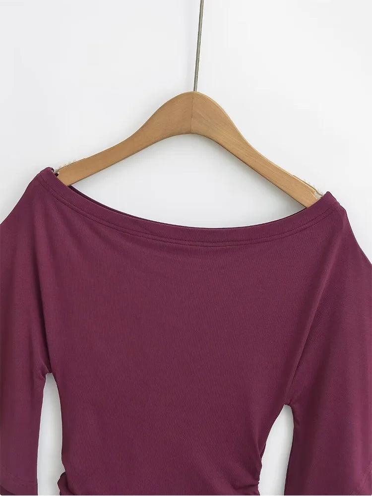 Dozw Women Off Shoulder Bat Sleeve Slim Top Cinched Waist