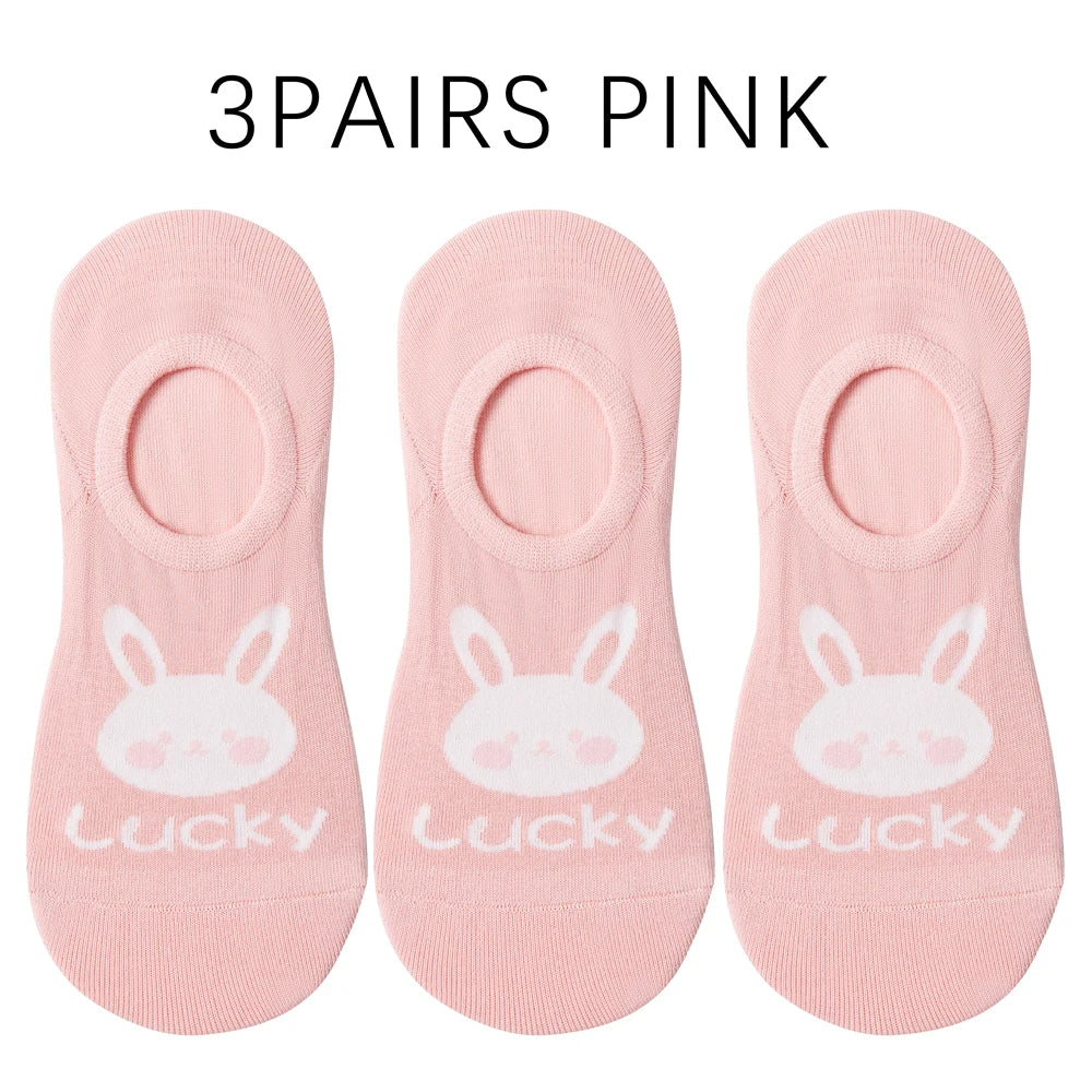 Kawaii Rabbit No Show Socks For Women 3 Pairs Cotton