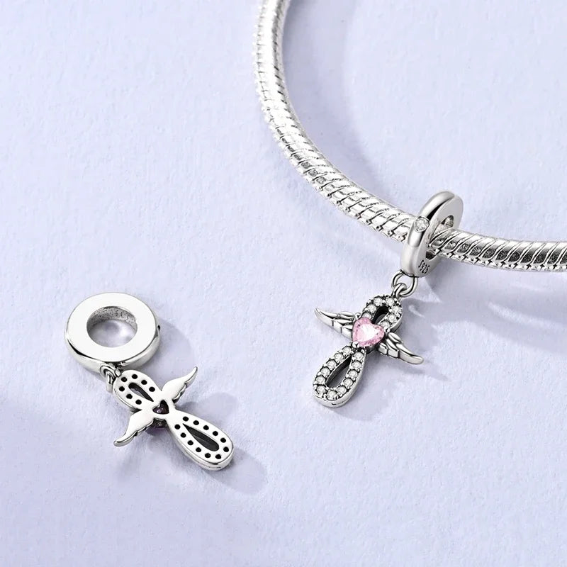 Sterling Silver Cat and Flower Heart Charm for DIY Bracelet Jewelry KTC1672