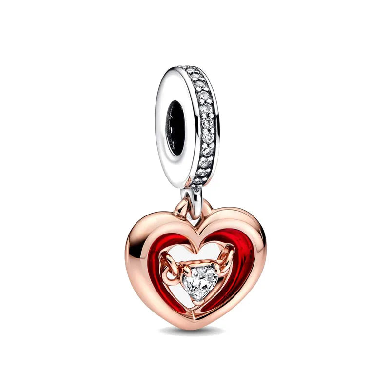 Rose Gold Padlock Heart Key Pendant Necklace for Women 925 Silver with Zircon Beads P1456