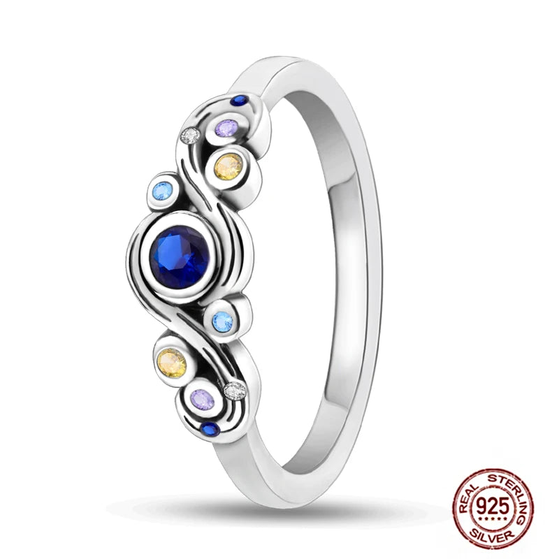 Hot Blue Zircon Rings for Women in 925 Sterling Silver Sparkling Star and Moon Design Elegant Heart Wedding Jewelry LLTR240