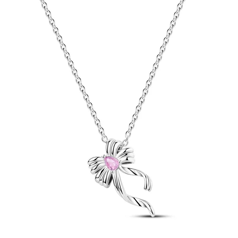 925 Sterling Silver Necklace with Pink Bow Heart Moon Butterfly Pendant Elegant Zircon Charm for Women Classic DIY Gift