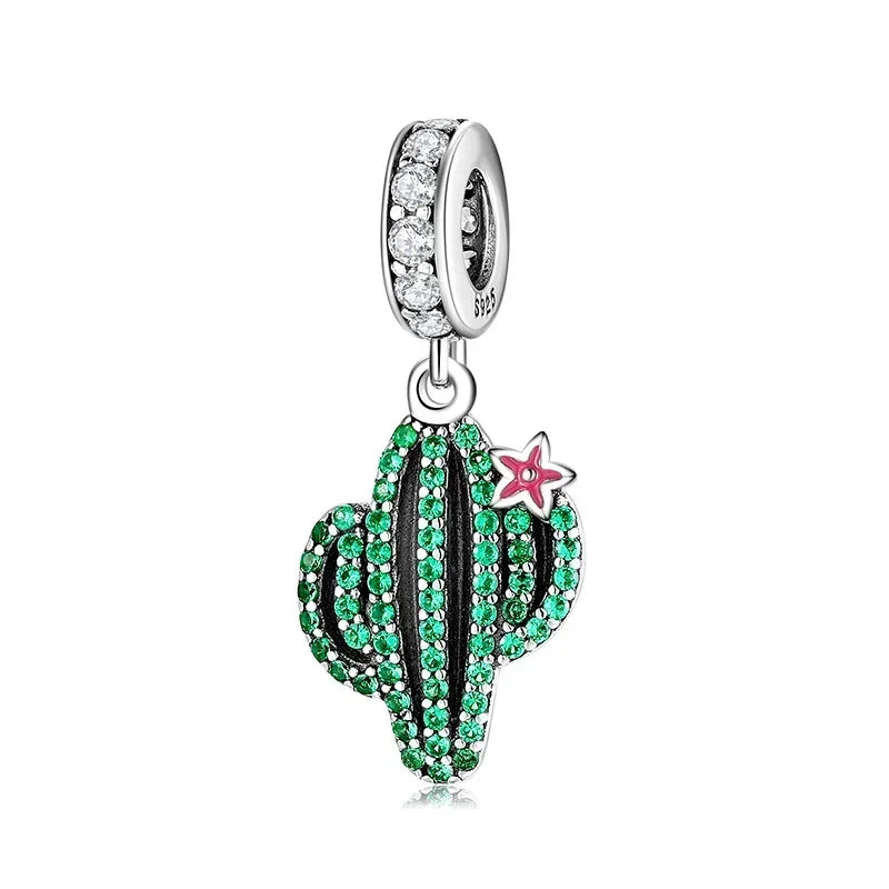 Green Series Sterling Silver Lucky Four Leaf Clover Charms with Zircon Beach Beads for Bracelets and Necklaces