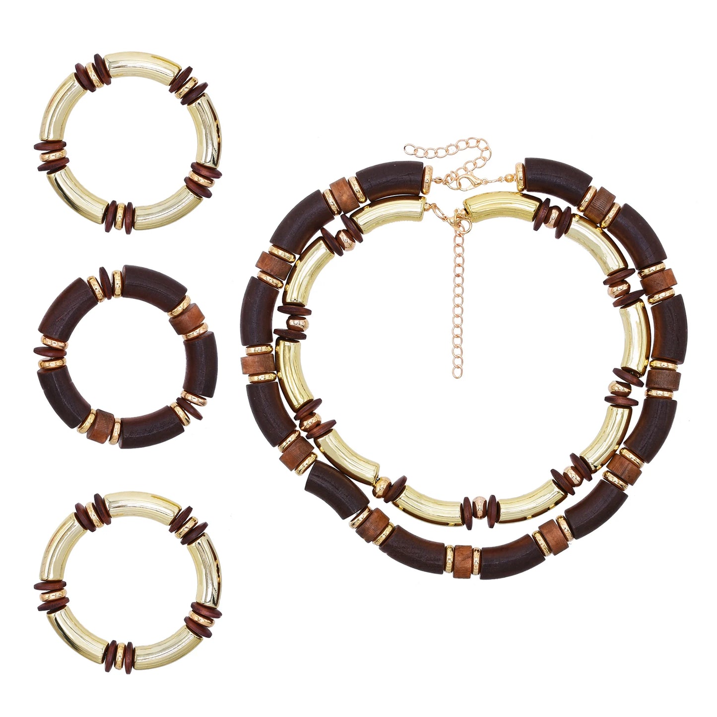 Vintage Brown Wood Multi Layer Necklace And Bracelet Set For Women Gold Plated Fashion Jewelry Gift For Parties