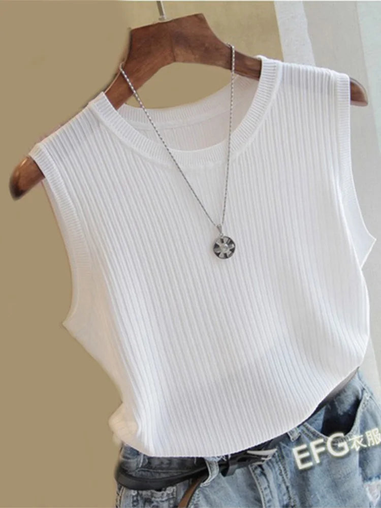 Dozw Knitted Tank Top Women O Neck Solid Vest Casual