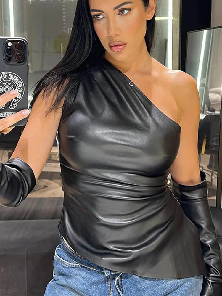 Sexy Leather Vest Top With Sleeves Irregular Hem Women